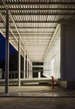 Exterior of factory building at night