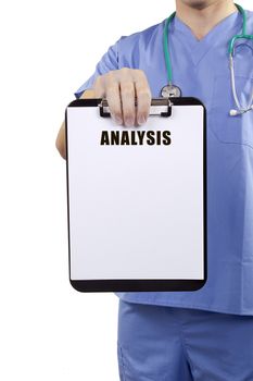 A doctor in blue uniform holding a clipboard with medical analysis.