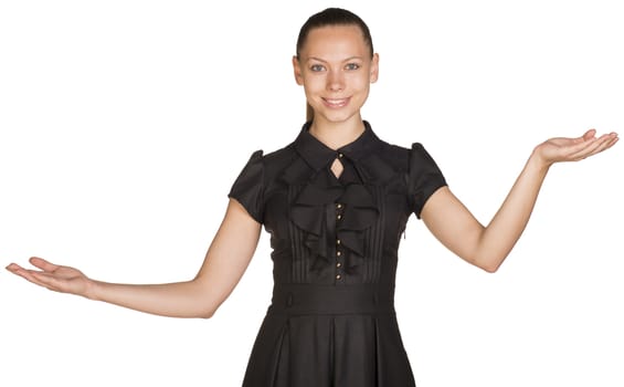 Happy excited beautiful woman hold two empty palms. Isolated on white background