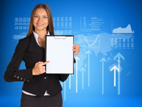 Businesswoman holding paper holder. Graphs, arrows and world map as backdrop