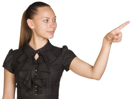 Woman touching virtual button. Isolated on white background