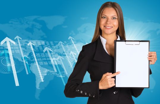 Businesswoman holding paper holder. Graphs, arrows and world map as backdrop