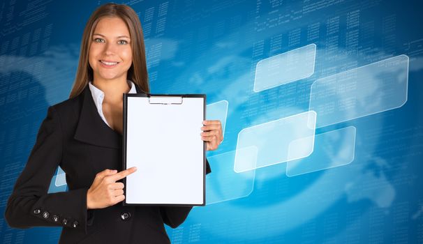 Businesswoman holding paper holder. Empty frames and world map as backdrop