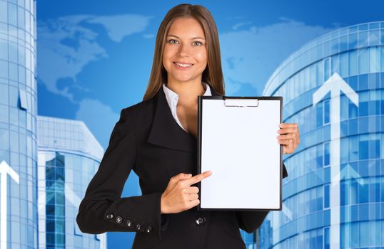 Businesswoman holding paper holder. Buildings and world map as backdrop