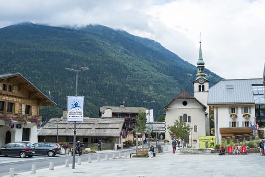 LES HOUCHES, FRANCE - AUGUST 23: Les Houches town centre. Les Houches is one of the Tour du Mont Blanc villages. August 23, 2014 in Les Houches.