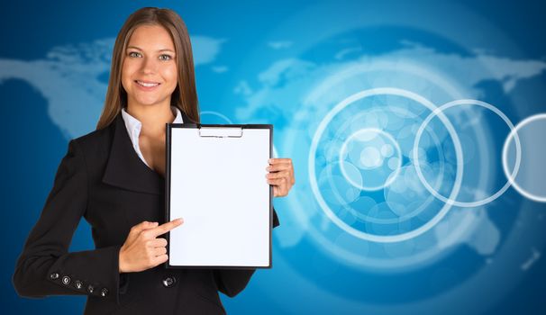 Businesswoman holding paper holder. Empty circle frames and world map as backdrop