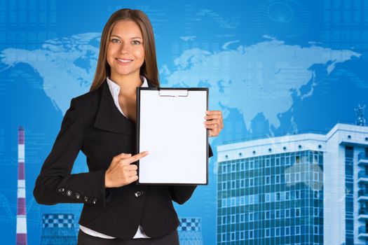 Businesswoman holding paper holder. World map with graphs and building as backdrop