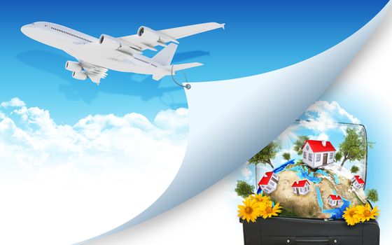 Airplane pulls the rope edge of paper. Earth with buildings in travel bag as backdrop. Elements of this image are furnished by NASA