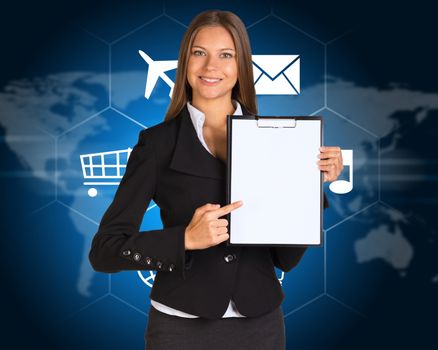 Businesswoman holding paper holder. Cloud with icons and world map as backdrop