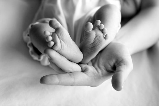 Parent hand hold baby girl legs