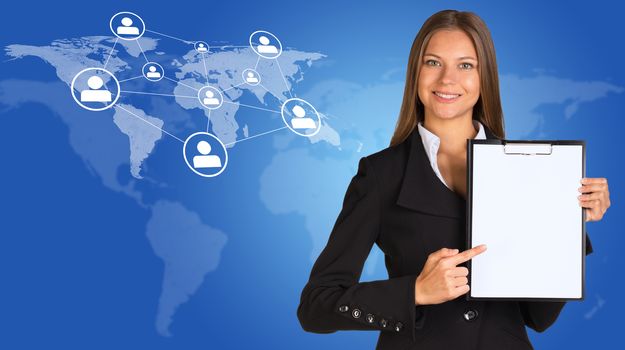 Businesswoman holding paper holder. World map with network and people icons as backdrop