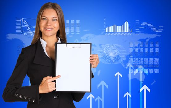 Businesswoman holding paper holder. Graphs, arrows and world map as backdrop