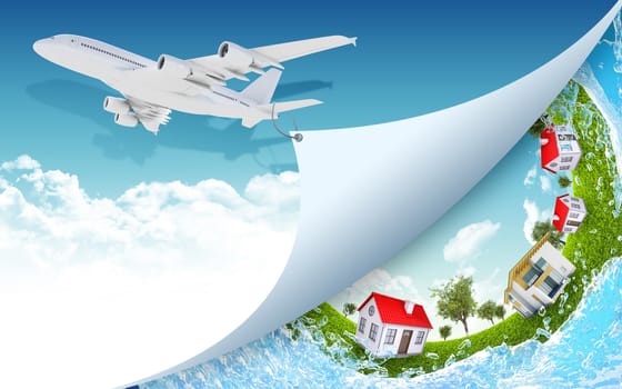 Airplane pulls the rope edge of paper. Nature landscape with houses as backdrop