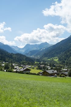 LA VILLETTE, FRANCE - AUGUST 24: Landscape showing town of La Villette. The valley is part of the Mont Blanc tour, which goes through France, Italy and Switzerland. August 24, 2014 in La Villette.
