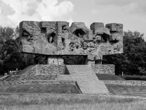 Monument of Struggle and Martyrdom with staircase in Nazi concentration camp Majdanek (Poland). In black and white.