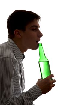 Silhouette of Depressed Young Man in Alcohol addiction on the White Background