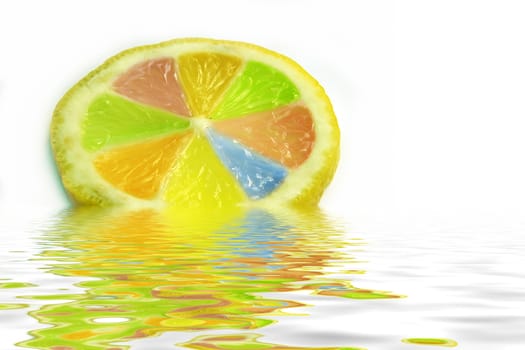 slice of lemon colored in different colors and with reflection in water