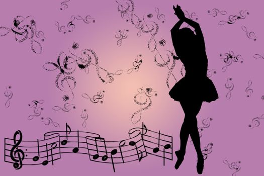 dancing silhouette with pink musical background