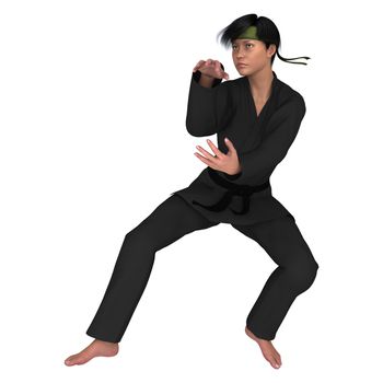3D digital render of a young woman exercising martial arts isolated on white background