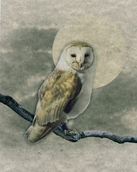 Picture of a Barn owl on a branch with background