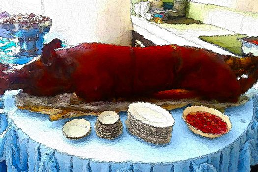 Creative painting of a roasted pig, which can be use as background, backdrop or design etc.