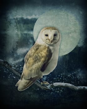 Picture of a Barn owl on a branch with background