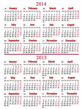 usual office calendar for 2014 - 2015 years on white background
