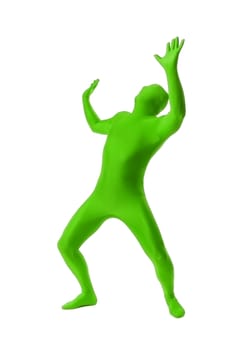 A handsome man in a green body suit isolated on a white background