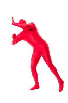 A handsome man in a red body suit isolated on a white background