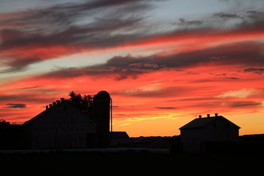 Sunset on an Amish farm in Lancaster County, Pennsylvania, USA.