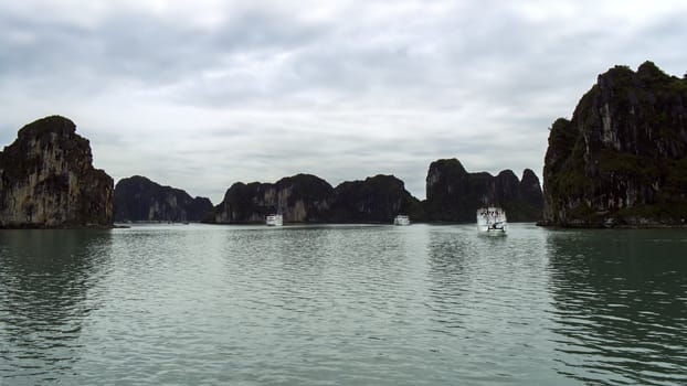 Ships and Rocks in Ha Long Bay, Vietnam.