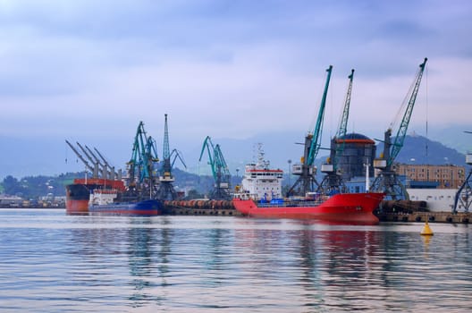 Industrial landscape of developed seaport infrastructure.