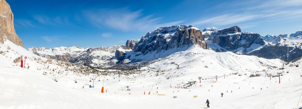 Panoramic view of the Val Di Fassa ski resort in Italy