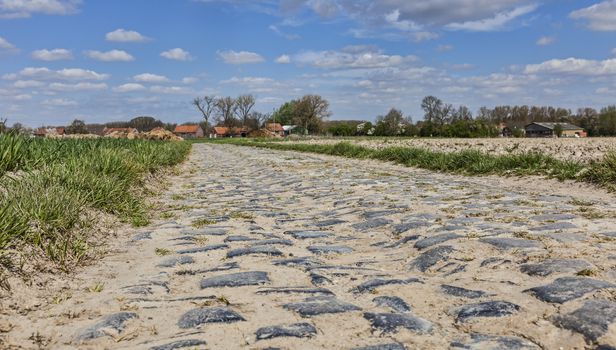 Cobbelstone road located in the North of France near Lille. On such roads every year is organized one of the most famous one day cycling race Paris-Roubaix.