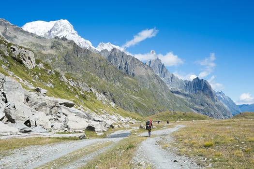 VAL VENY, ITALY - AUGUST 27: Hikers on valley path with Limestone Pyramids in the background. The region is a stage of the popular Mont Blanc tour. August 27, 2014 in Val Veny.