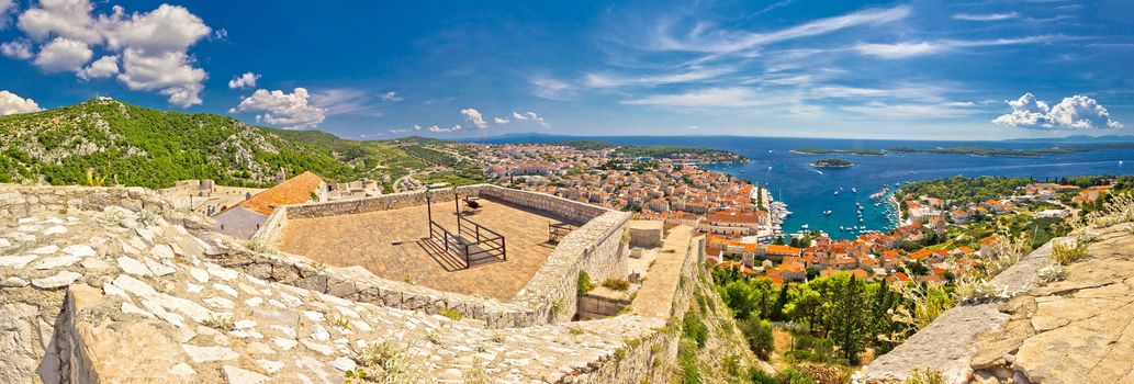 Island of Hvar and Paklinski islands panoramic aerial view from Fortica fortress, Dalmatia, Croatia