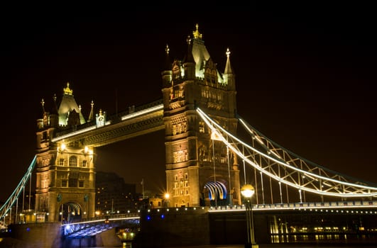 Night view on London famous landmark Tower Bridge on river Thames