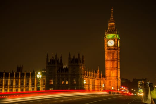 NIght view on London most famous landmark Big Ben and Parliament House on river Thames