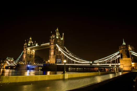 Night view on London famous landmark Tower Bridge on river Thames