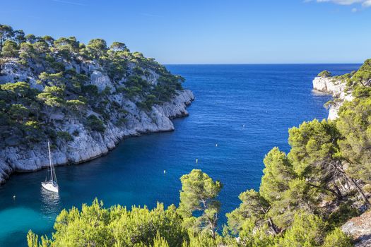 Calanques of Port Pin with boat, Cassis, France