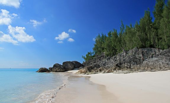 A deserted, tropical beach, with a calm, blue ocean gently lapping at the shore