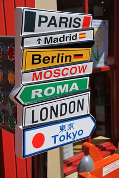 A cartoon like signpost, showing major global cities