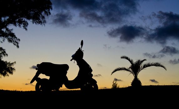 A motorbike silhouetted against a sunset sky, with a pineapple palm next to it