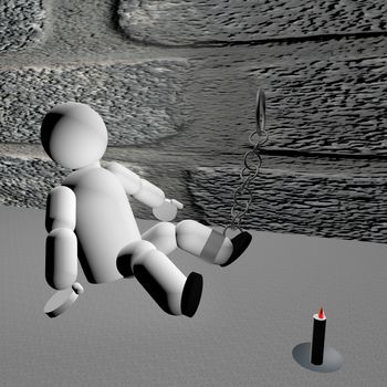 Prisoner chained to a brick wall, with candle, 3d render