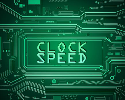 Abstract style illustration depicting printed circuit board components with a clock speed concept.