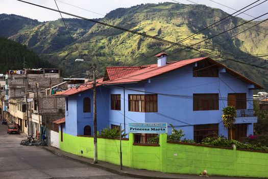 BANOS, ECUADOR - AUGUST 1, 2014: Hostal Residencia Princesa Maria at the corner of Vicente Rocafuerte and Juan Leon Mera streets on August 1, 2014 in Banos, Ecuador. Banos is a small touristy town in Central Ecuador with many hostels. 