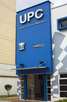 QUITO, ECUADOR - AUGUST 6, 2014: Building of UPC (Unidad de Policia Comunitaria, Communitarian Police Unit) on Gil. Ramirez Davalos Street on August 6, 2014 in Quito, Ecuador 