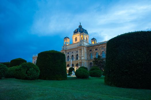 Night view of famous  Nature Museum with park and sculpture in Vienna, Austria