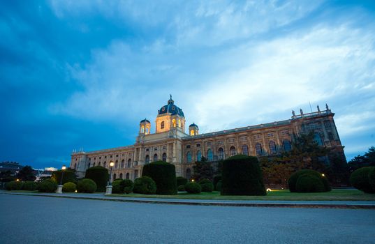 Night view of famous  Nature Museum with park and sculpture in Vienna, Austria