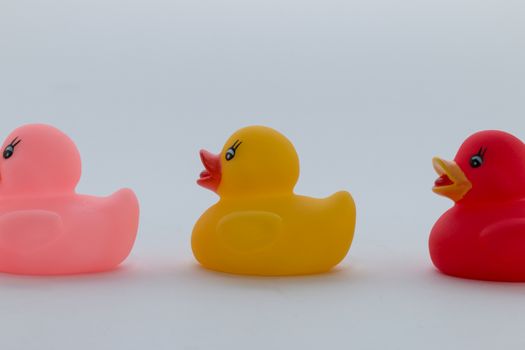 Rubber ducks in different colors in one row, yellow, pink and red